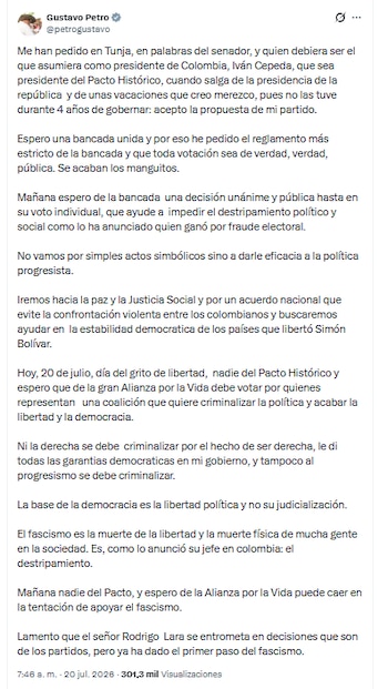 Gustavo Petro informó que aceptó la propuesta del Pacto Histórico de ser el presidente de la colectividad - crédito @petrogustavo/X