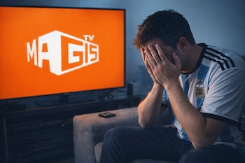 Hombre con camiseta de Argentina cubre su rostro con las manos, sentado frente a un televisor que muestra el logo de MagisTV sobre un fondo naranja.
