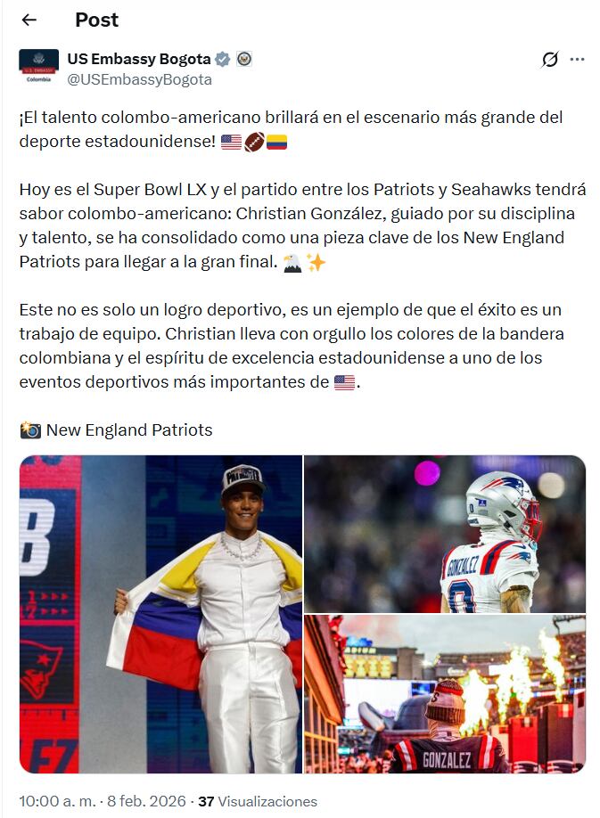 Post de la Embajada de Estados Unidos en Colombia a Christian González - crédito X