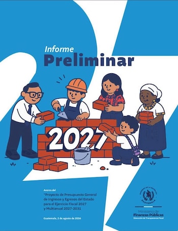 Ilustración con cinco personas construyendo un muro de ladrillos que forma el número 2027, con texto "Informe Preliminar" y "Presupuesto de Guatemala"