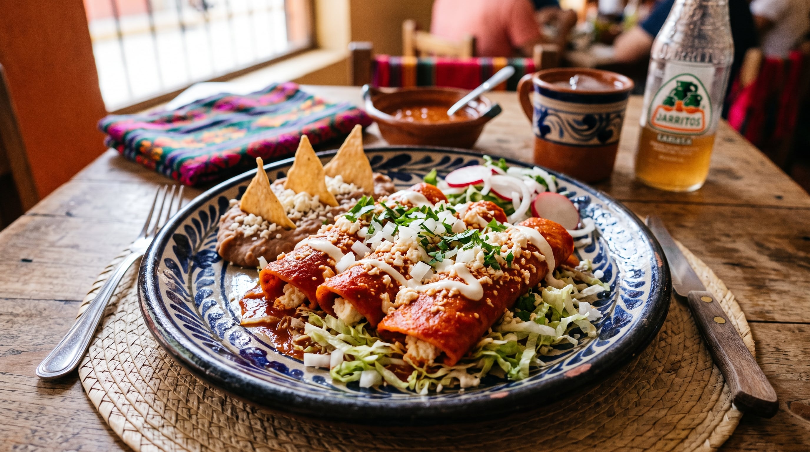 Un plato de enchiladas potosinas incluye frijoles refritos con totopos, lechuga picada y rábanos junto a una botella de refresco sobre una mesa de madera. (Imagen Ilustrativa Infobae)