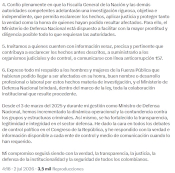 El ministro ofreció colaboración con las investigaciones, respaldó a la Fuerza Pública e invitó a entregar información a las autoridades. - crédito @PedroSanchezCol/X