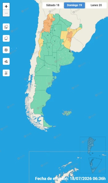 Mapa de Argentina con áreas coloreadas en verde, amarillo y naranja; íconos de precipitación, nieve, viento y tormenta; fecha de emisión 18/07/2026