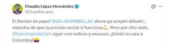 Claudia López celebró la aceptación de De La Espriella al debate y criticó la negativa de Cepeda a participar - crédito @ClaudiaLopez/X