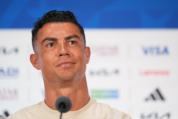 Cristiano Ronaldo durante a conferência de imprensa antes do jogo contra a Espanha. (AP Photo/Julio Cortez)