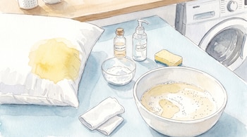Una almohada blanca con una mancha amarilla, botellas de limpieza, un recipiente con agua y jabón, y una lavadora al fondo.