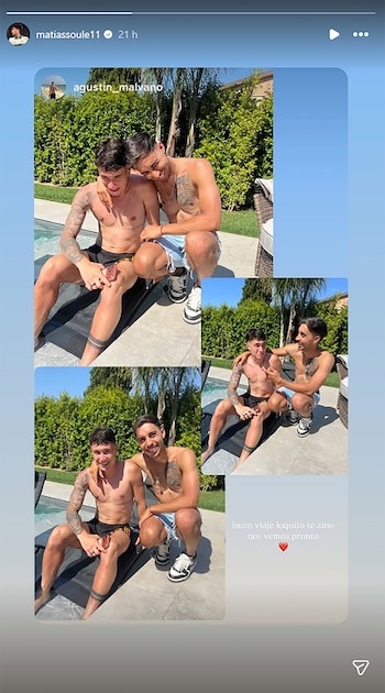 Captura de pantalla de una historia de Instagram de Matías Soulé, mostrando un collage de fotos con Agustín Malvano junto a una piscina y un mensaje de despedida
