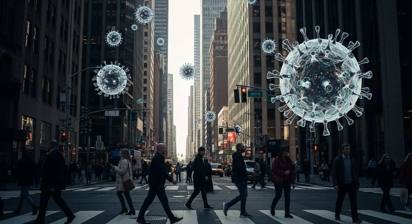 Partículas gigantes de norovirus flotan translúcidas entre los edificios de una concurrida calle de una gran ciudad estadounidense, creando una representación visual hiperrealista de una amenaza invisible mientras las personas caminan normalmente. (Imagen Ilustrativa Infobae)