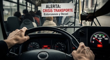 Primer plano de las manos de un conductor en el volante de un autobús con pasajeros detrás y un cartel en el parabrisas sobre crisis de transporte.