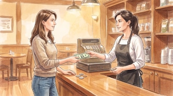 Ilustración de una mujer que entrega billetes a una cajera situada tras un mostrador con una caja registradora.
