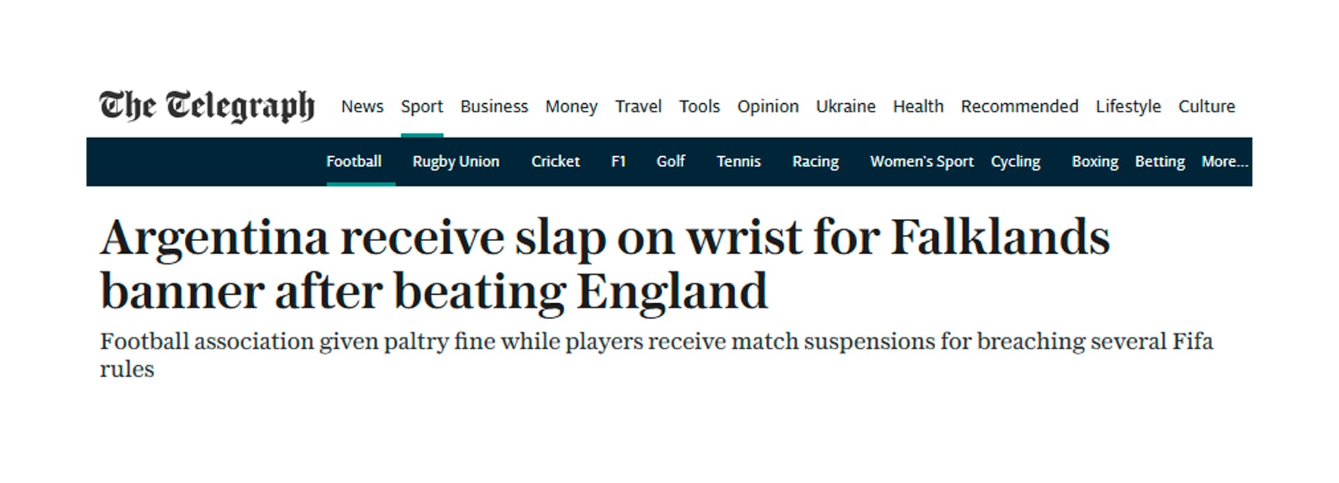 El periódico británico The Telegraph publica una noticia sobre la sanción impuesta a la selección de fútbol de Argentina por mostrar una pancarta sobre las islas Malvinas.