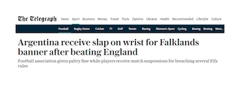 Logotipo de The Telegraph, menú de navegación deportivo y titular en inglés sobre la sanción a la selección de Argentina