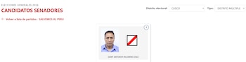Captura de pantalla de una web mostrando "ELECCIONES GENERALES 2026 CANDIDATOS SENADORES" para Cusco. Incluye foto de Dany Antenor Palomino Díaz