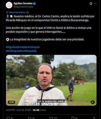 El doctor Carlos Castro explicó la lesión que sufrió Márquez-crédito Águilas Doradas