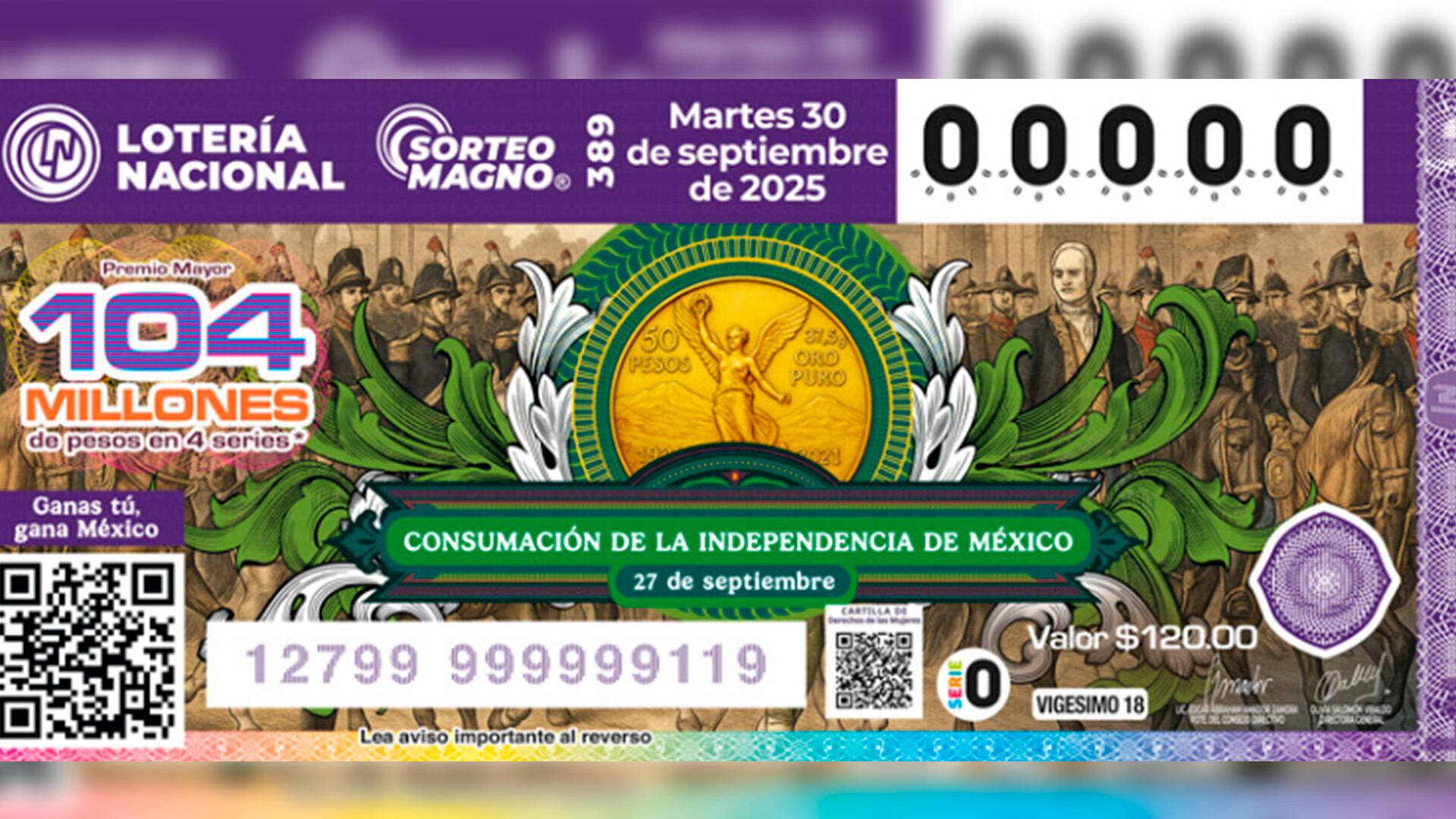 La Lotería Nacional rinde homenaje al 27 de septiembre, día de la consumación de la Independencia de México en 1821. (Lotenal)