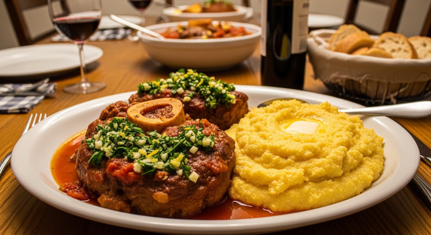 Porción servida: osobuco tierno sobre polenta, con salsa bien roja y queso espolvoreado. (Imagen Ilustrativa Infobae)