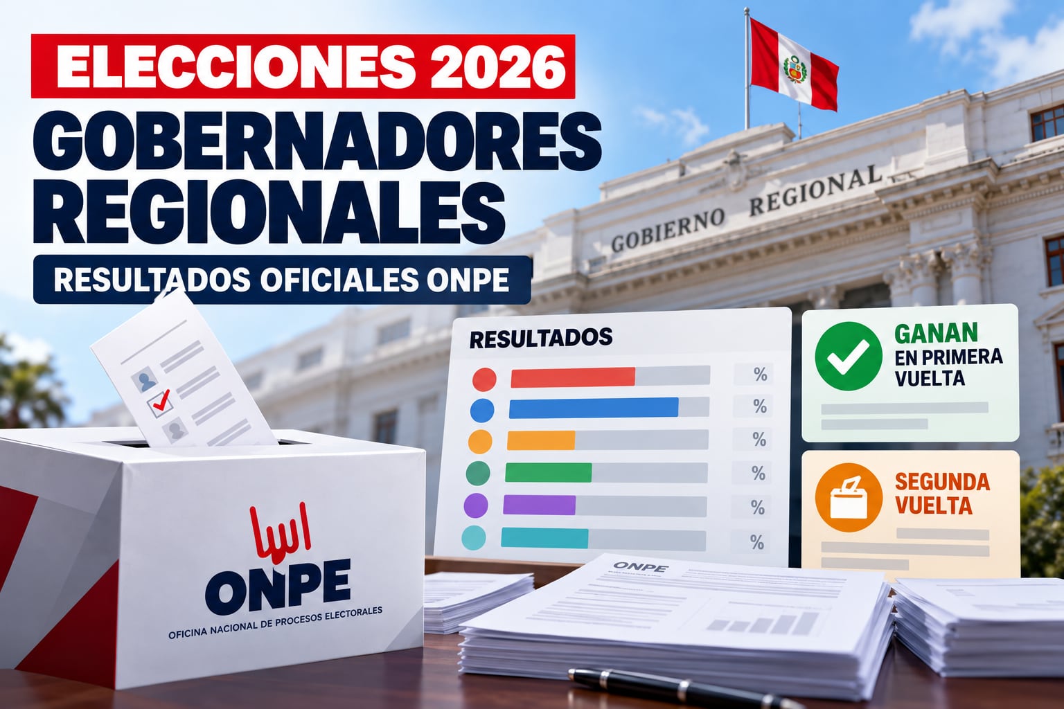Una gráfica informativa presenta los resultados de la ONPE para las elecciones de gobernadores regionales de 2026 en Perú, con esquemas de primera y segunda vuelta. (Imagen Ilustrativa Infobae)