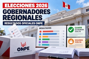 Una ánfora electoral con cédula de voto, papeles en un escritorio y carteles ilustrativos sobre elecciones ante un edificio gubernamental