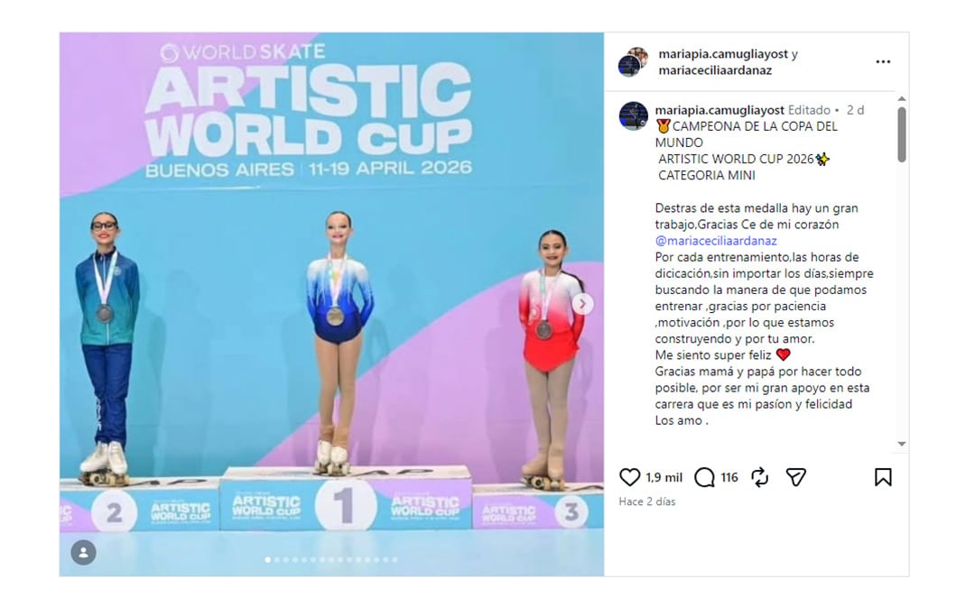 El posteo de María Pía luego de su consagración en la Artistic World Cup 2026