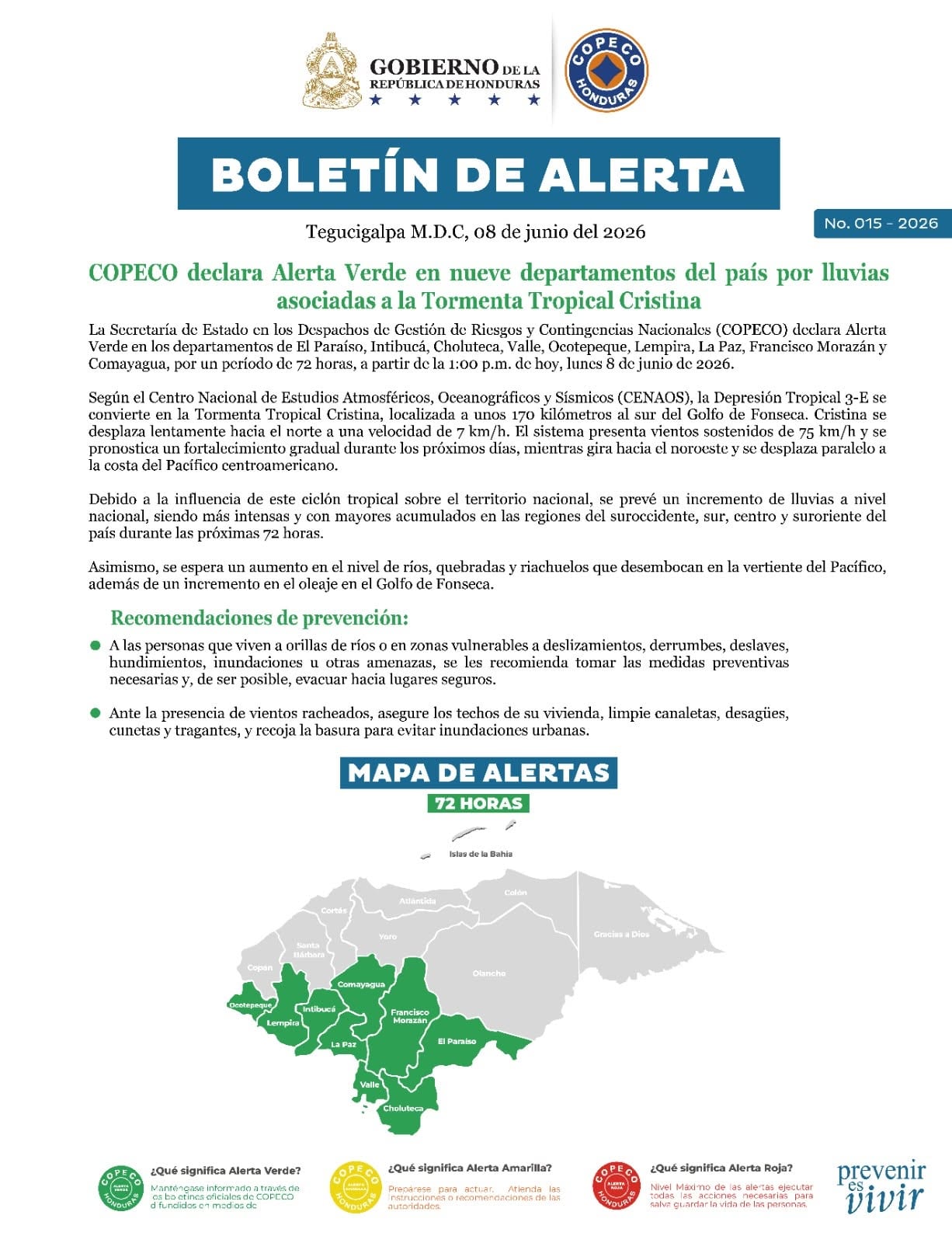 La tormenta tropical Cristina aumentará las lluvias en varias regiones de Honduras al desplazarse al sur del territorio nacional.