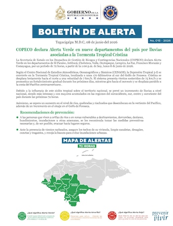 La tormenta tropical Cristina aumentará las lluvias en varias regiones de Honduras al desplazarse al sur del territorio nacional.