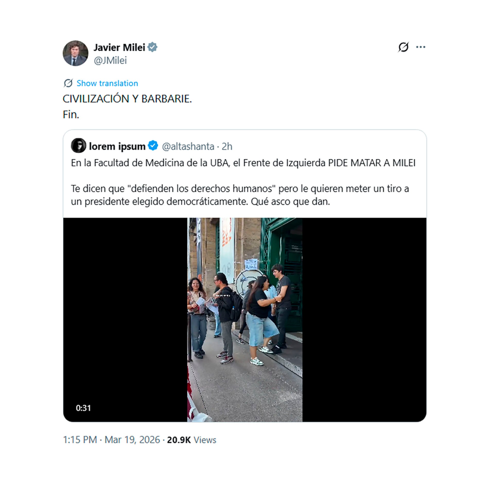 El presidente Milei compartió en sus redes el video en el que se ve su rostro en el centro de una diana