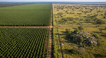Imagen aérea de un terreno dividido: a la izquierda, un denso monocultivo de árboles; a la derecha, una sabana con árboles, rocas, elefantes y jirafas.