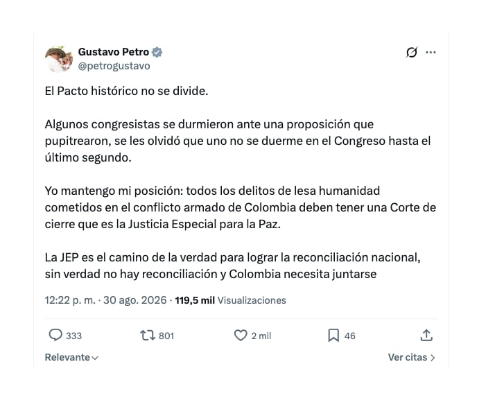 El expresidente Gustavo Petro, a través de su perfil de X, lanzó un duro mensaje al Pacto Histórico por lo sucedido en la Comisión de Acusaciones de la Cámara - crédito @petrogustavo/X