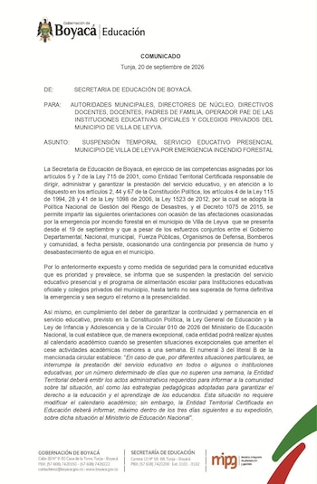 Las autoridades suspendieron las clases del lunes 21 de septiembre y habilitaron el coliseo municipal como centro de atención para afectados y organismos de socorro - crédito Secrearía de Educación de Boyacá-Gobernación de Boyacá/X
