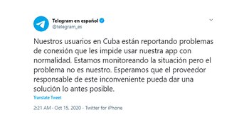 El mensaje publicado por Telegram