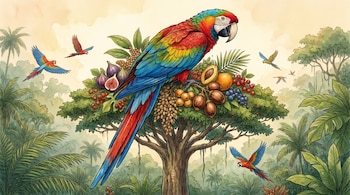 Ilustración de un guacamayo grande y colorido posado en un árbol con frutas y semillas, con varios guacamayos pequeños volando en el fondo de una selva.
