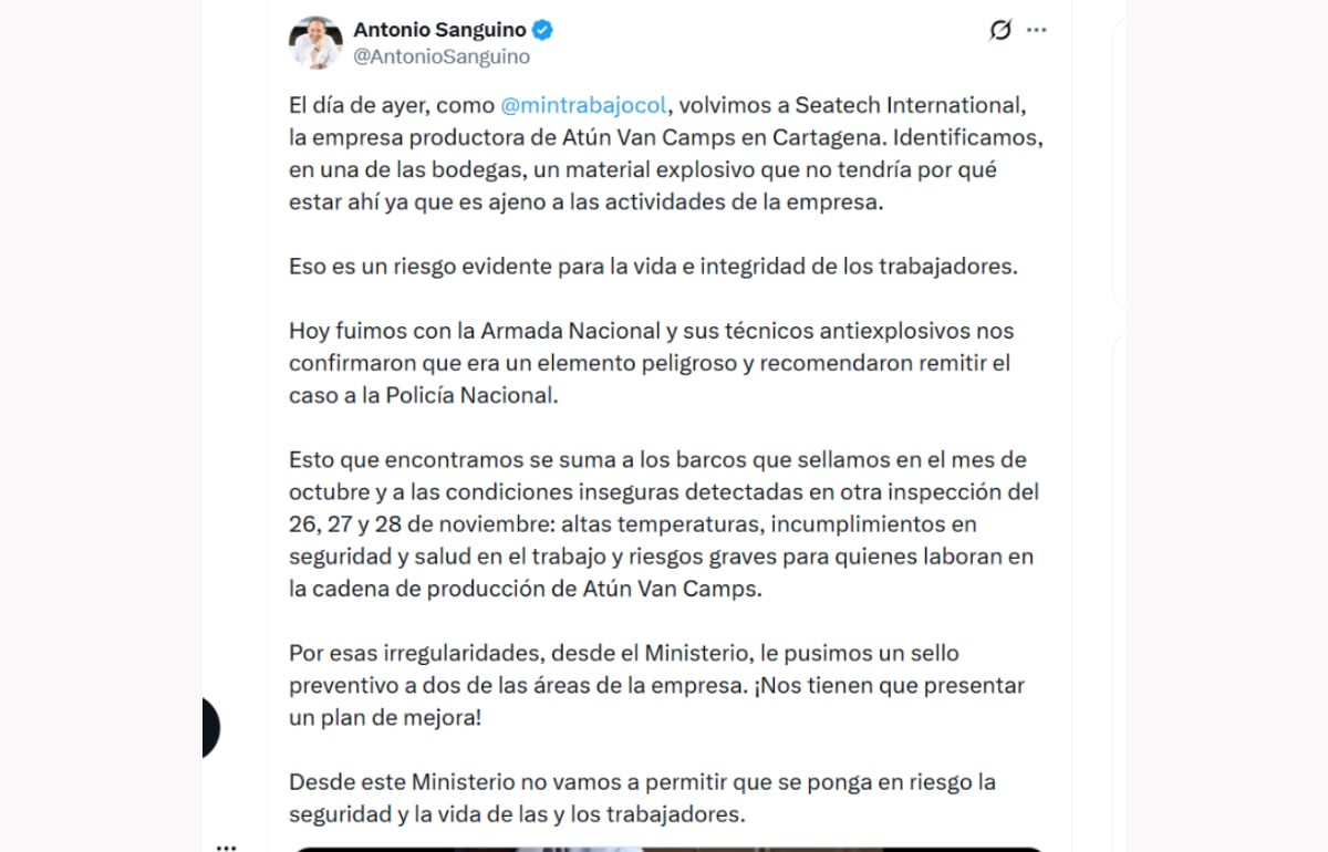 El ministro del Trabajo expuso lo que se encontró en una bodega de la marca de atún - crédito @AntonioSanguino