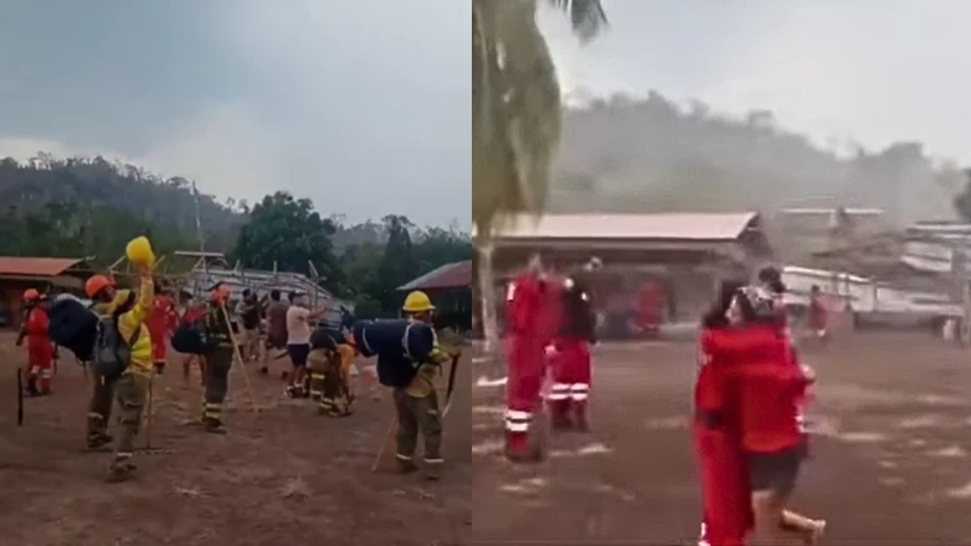 Un grupo de bomberos festeja y se abraza bajo la lluvia en un área rural afectada por incendios forestales. (Infobae Perú)