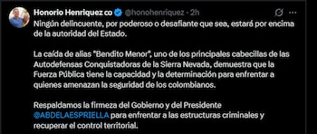 Honorio Henríquez afirmó que la caída de "Bendito Menor" muestra la capacidad de la Fuerza Pública para imponer la autoridad del Estado - crédito @honohenriquez/X