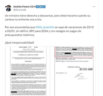 Andrés Forero dice que "escandaliza" que el ministro de Salud se tome unas vacaciones mientras hay crisis en su cartera - crédito @AForeroM