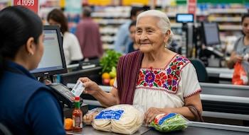 Mujer adulta mayor de pelo blanco y blusa bordada paga en un supermercado con su tarjeta INAPAM a una cajera, con tortillas y vegetales en el mostrador.