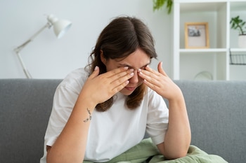 Una mujer joven con cabello oscuro, sentada en un sofá gris, se frota los ojos con ambas manos. Viste una camiseta blanca