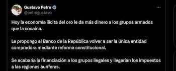 Publicación de Gustavo Petro sobre