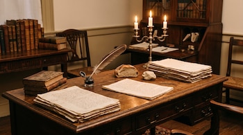 Un escritorio de madera con candelabro de tres velas encendidas, tintero, pluma de ave, varios fajos de papel manuscrito, libros, un trozo de pan y un borrador.