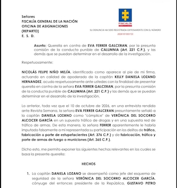 La capitana Kelly Daniela Lozano Hernández, que integró el esquema de seguridad de Verónica Alcocer, presentó una denuncia ante la Fiscalía General de la Nación contra Eva Ferrer Galcerán por la presunta comisión del delito de calumnia - crédito Fiscalía