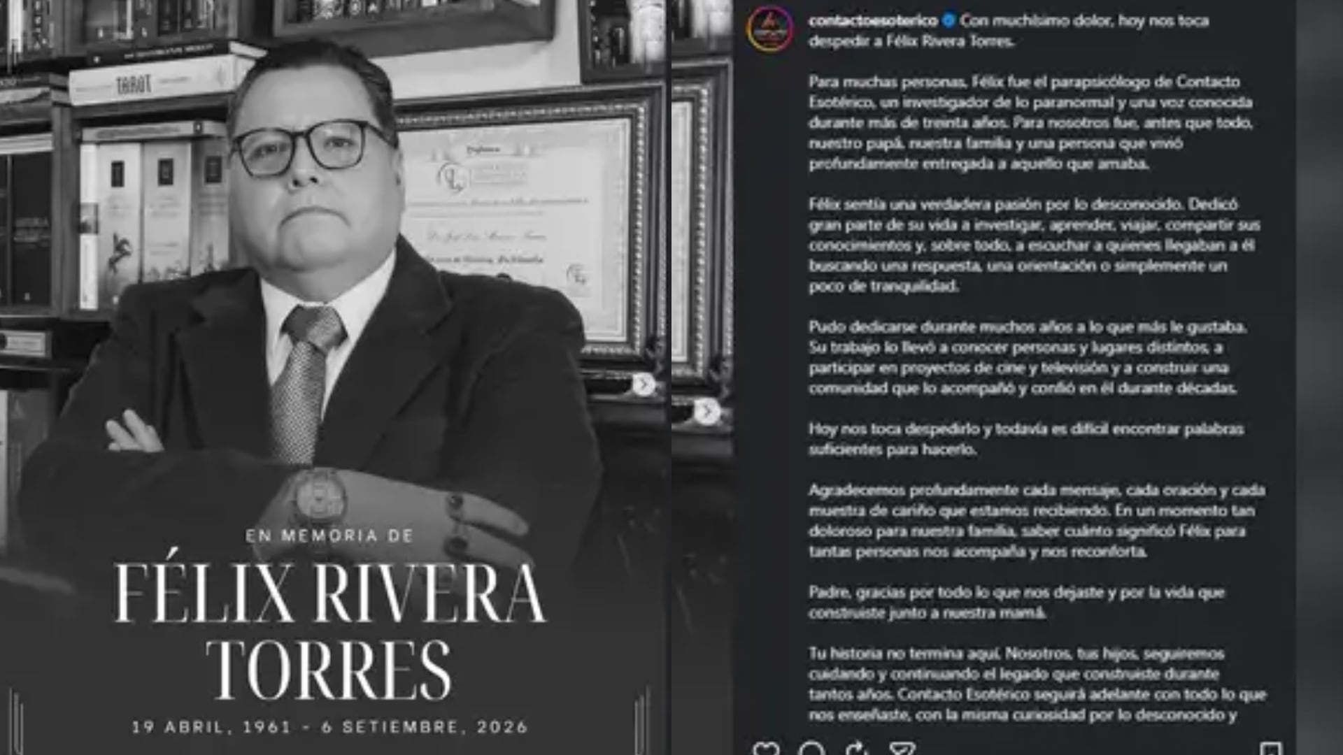 La familia del parapsicólogo peruano confirmó su fallecimiento a los 65 años mediante las redes sociales de Contacto Esotérico