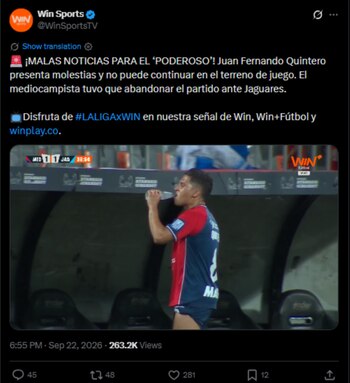 El "Poderoso de la Montaña" no contaría con Quintero para el juego ante Junior-crédito @WinSportsTV/X