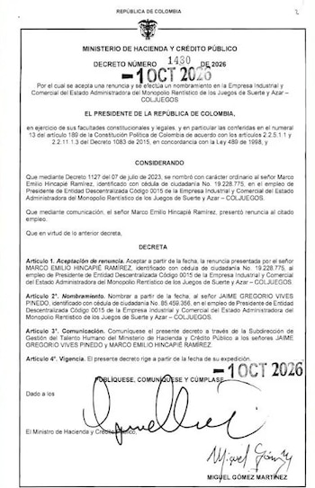 Decreto 1430 de 2026 nombrando a Jaime Gregorio Vives como nuevo presidente de Coljuegos - crédito Ministerio de Hacienda