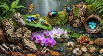 Boas, anfibios, insectos, orquídeas, moluscos, corales, garras de felino y un nido con huevos azules en un ecosistema tropical.