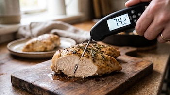 Una mano sostiene un termómetro digital con la sonda insertada en una pechuga de pollo cocida sobre una tabla de madera.