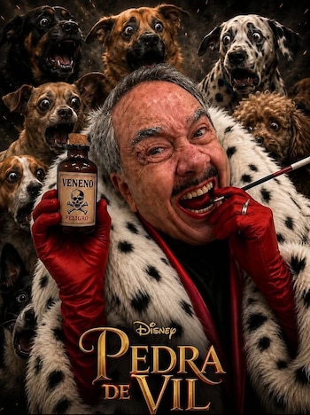 Hombre disfrazado de Cruella de Vil con abrigo de piel de dálmata, guantes rojos, cigarrera, frasco de veneno y seis perros asustados de fondo