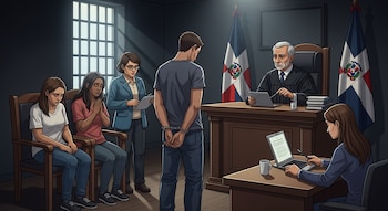 Un juez, un hombre esposado, dos mujeres sentadas, otra mujer de pie con portapapeles y una mujer con laptop en un tribunal con banderas dominicanas.