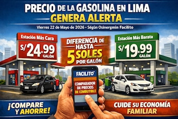 Ilustración de dos gasolineras, una cara y otra barata, con sus precios en Soles. Una mano sostiene un celular con la app Facilito para comparar combustibles.
