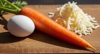 Una zanahoria naranja con tallo verde, un huevo blanco y una pila de queso mozzarella rallado sobre una tabla de cortar de madera clara.