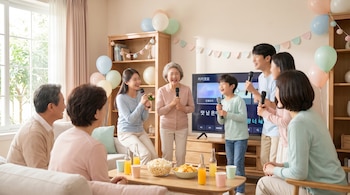 Grupo de personas de distintas edades canta karaoke con micrófonos frente a una TV en una sala de estar decorada con globos y guirnaldas, con snacks y bebidas.